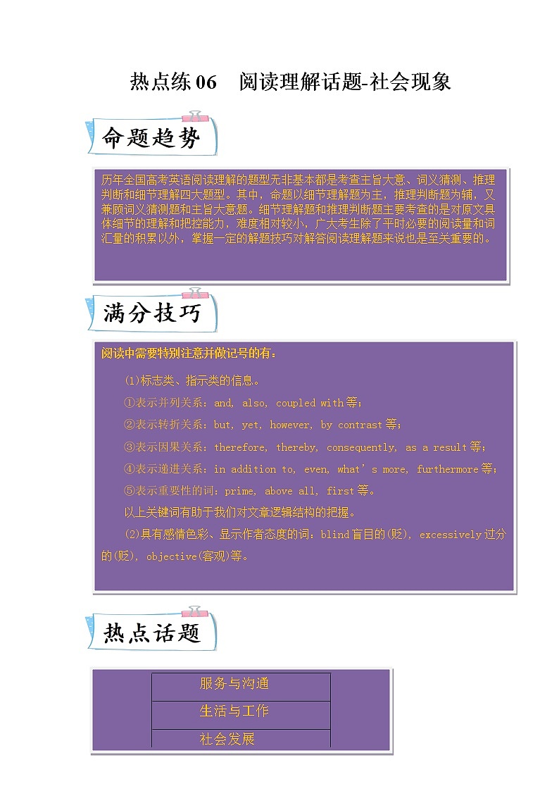 【备考2023】高考英语热点+重难点专题特训学案（全国通用）——热点练06 阅读理解话题社会现象01