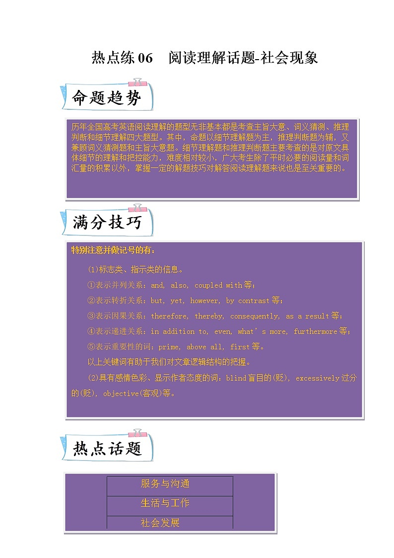 【备考2023】高考英语热点+重难点专题特训学案（全国通用）——热点练06 阅读理解话题社会现象01
