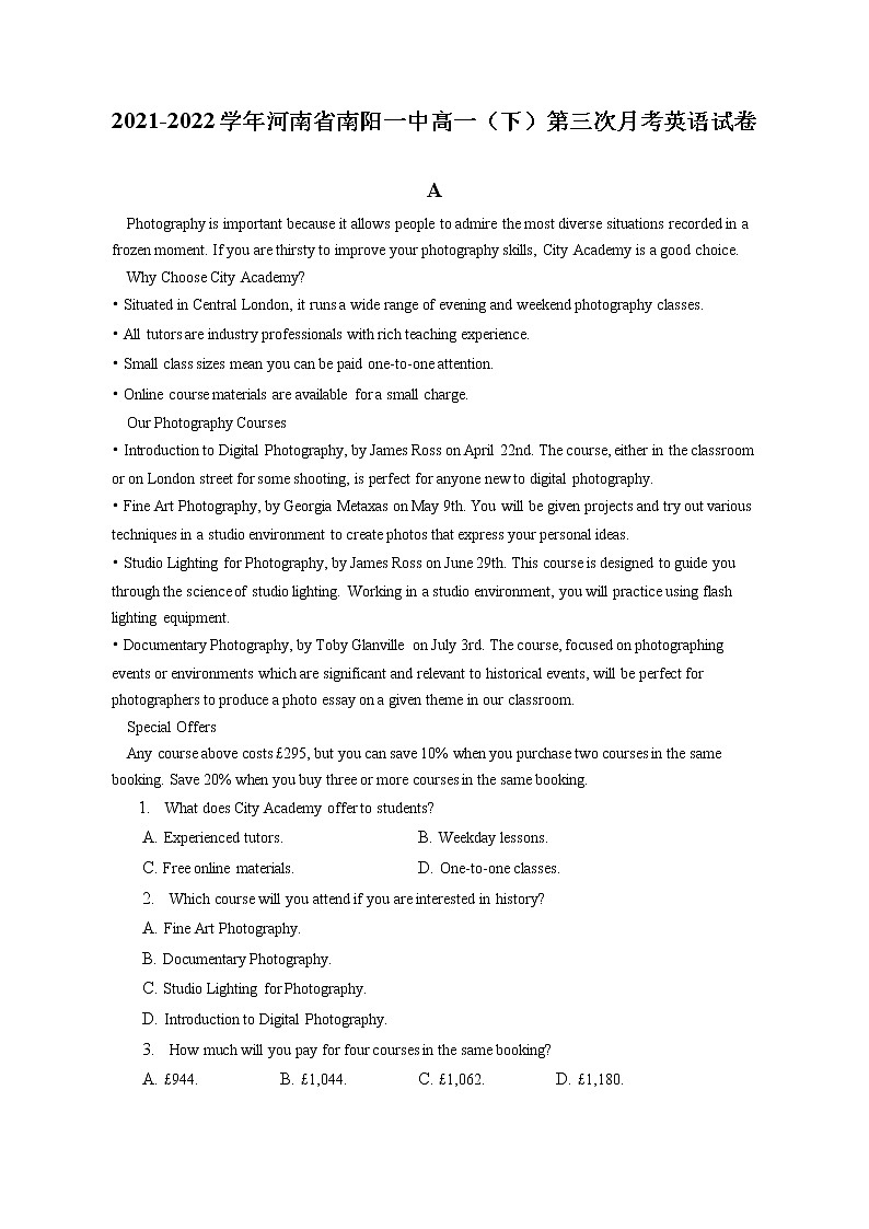 2021-2022学年河南省南阳一中高一（下）第三次月考英语试卷（含答案解析）第1页