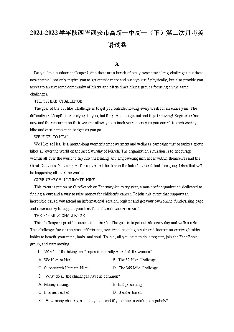 2021-2022学年陕西省西安市高新一中高一（下）第二次月考英语试卷（含答案解析）01