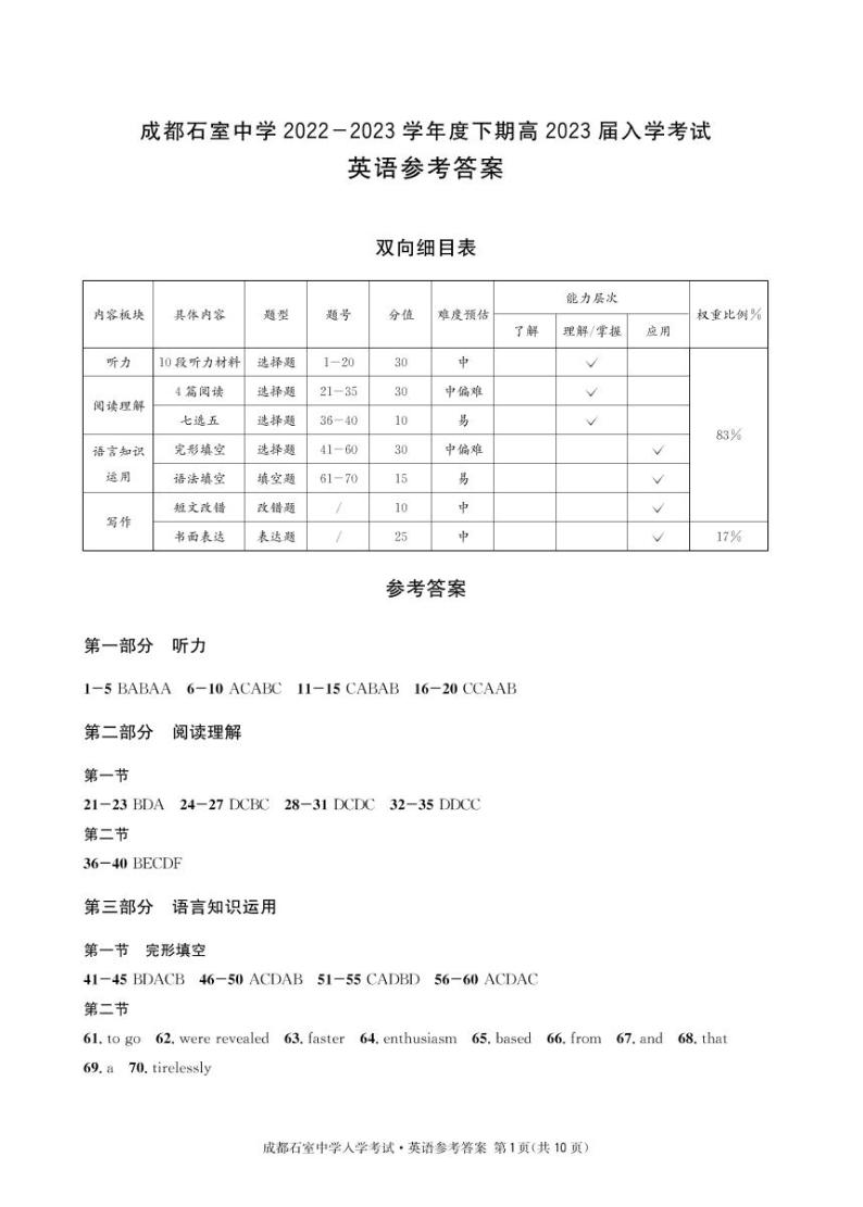 四川省成都市石室中学2022-2023学年高三下学期入学考试英语试题（有听）01