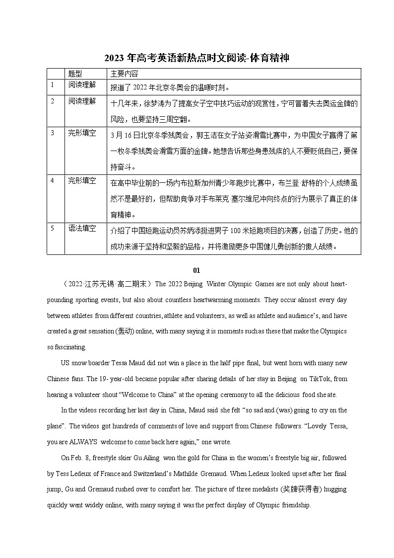 03 体育精神-2023年高考英语新热点时文阅读 学案01