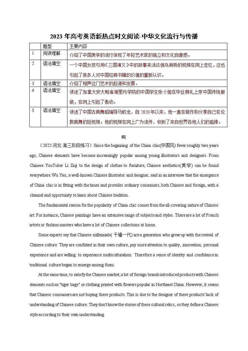 06 中华文化流行与传播-2023年高考英语新热点时文阅读 学案01