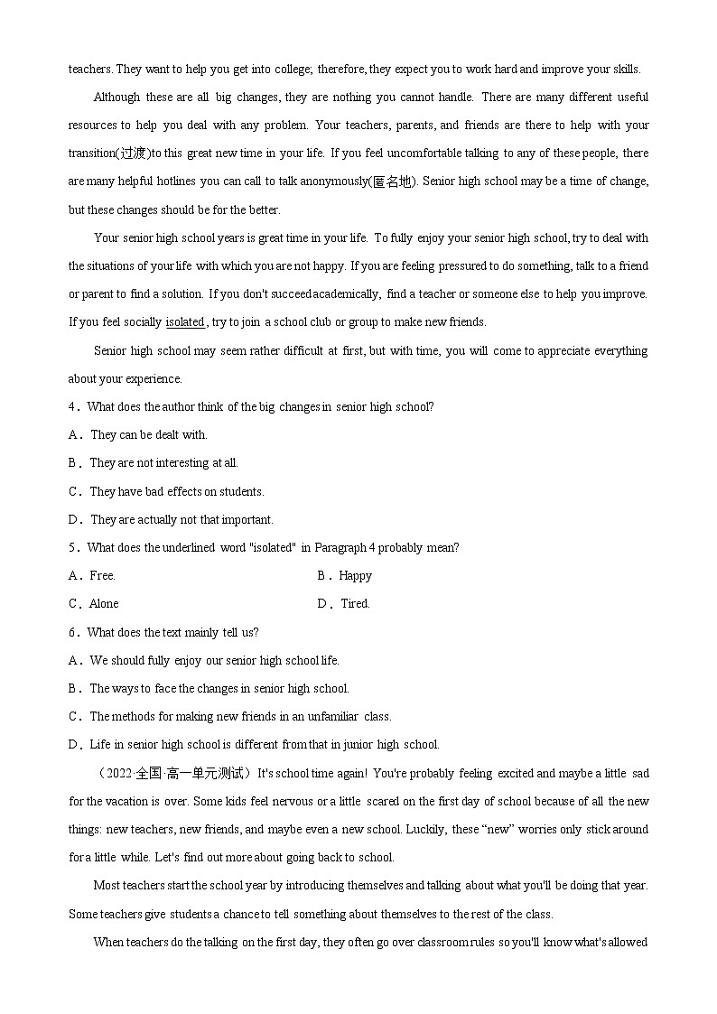 Unit 1单元话题阅读理解专项练习-高一英语必修第一册单元重难点易错题精练（人教版）02