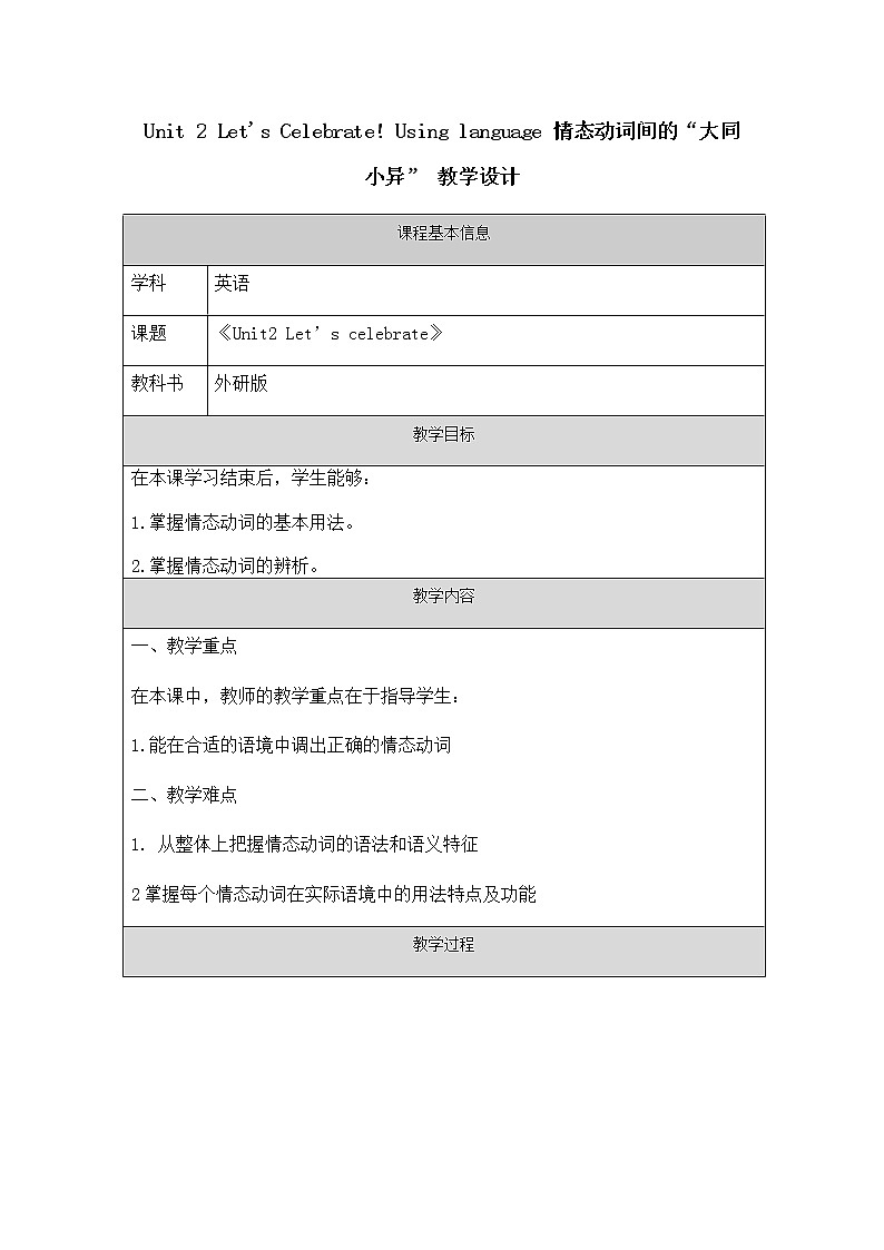 Unit 2 Let's Celebrate! Using language 情态动词间的“大同小异” 教学设计 2022-2023学年高中英语外研版（2019）必修第二册01