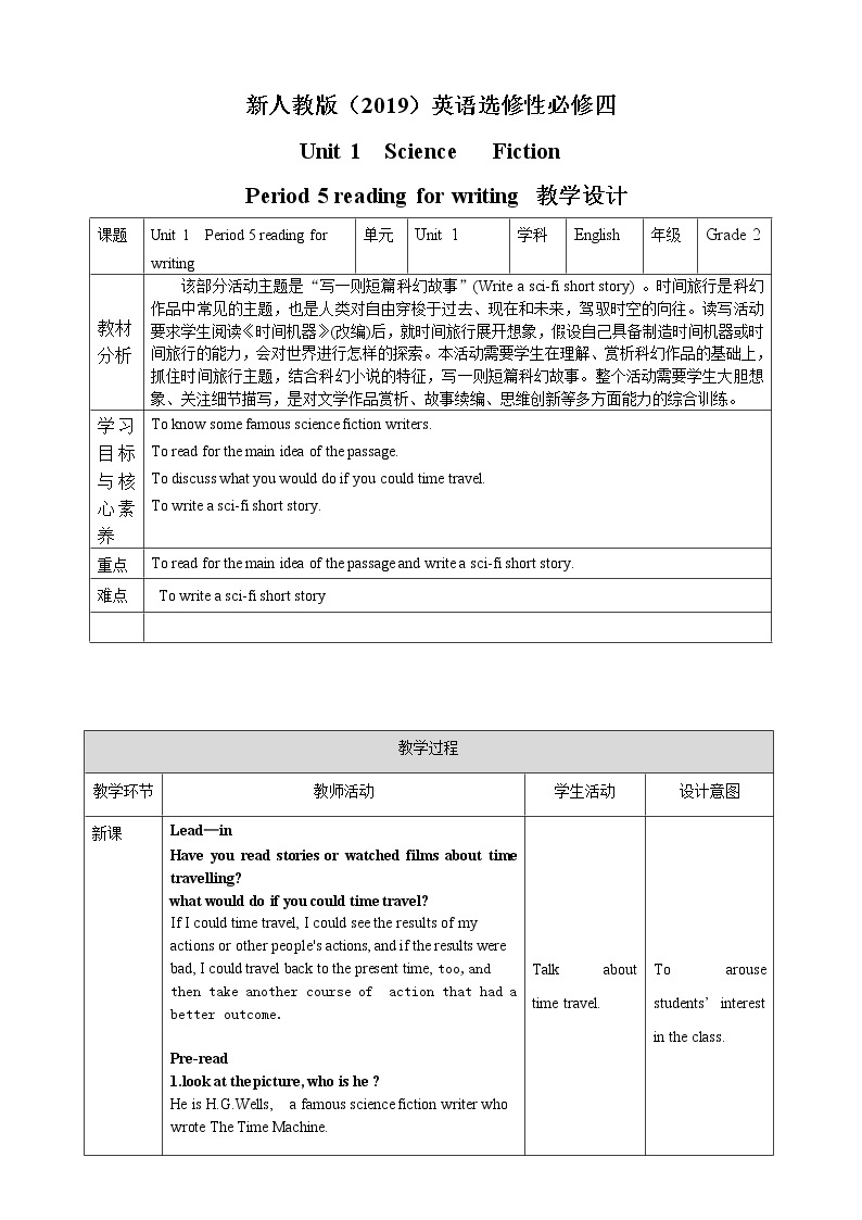 Unit 1 science fiction period 5 reading for writing 课件+教案01