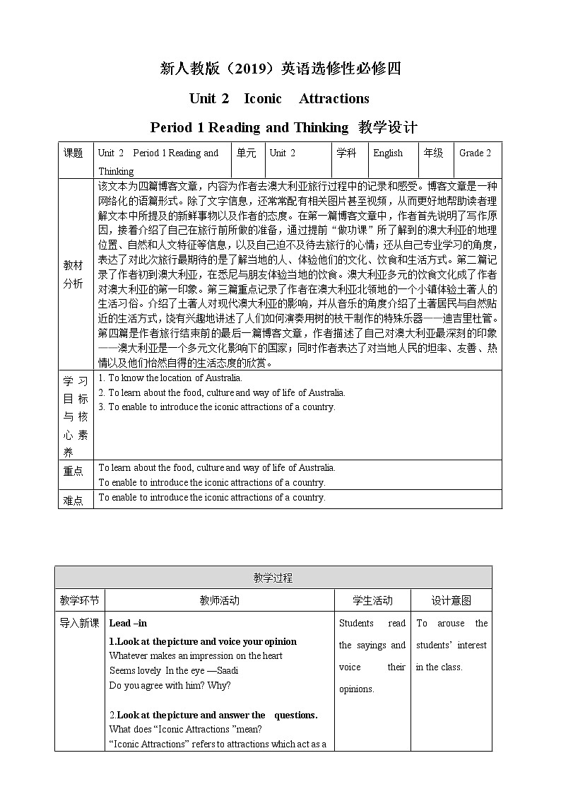 Unit 2 Iconic Attractions period 1 reading and thinking课件+教案+素材01