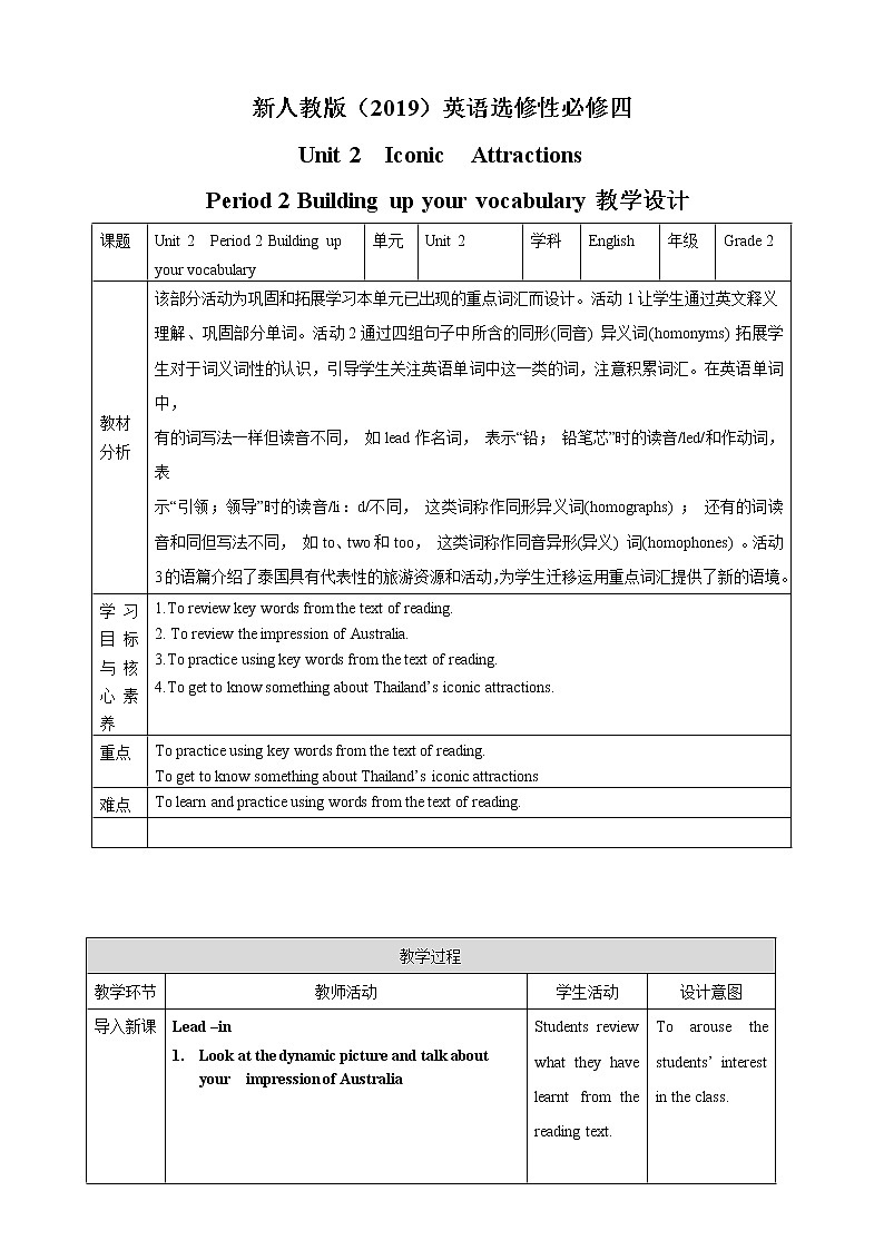 Unit 2 Iconic Attractions period 2 build up your vocabulary 课件+教案01