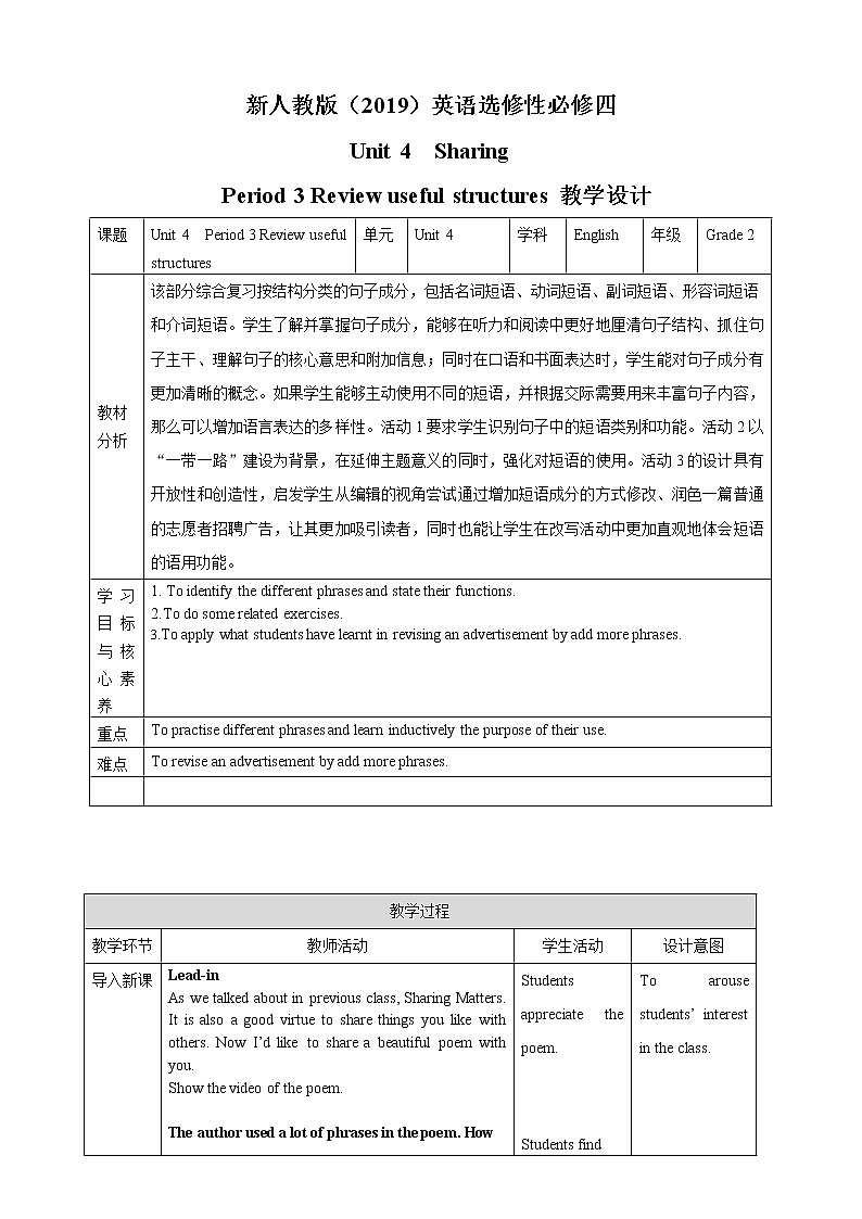 unit 4 Sharing Period 3 Review useful structures课件+教案01