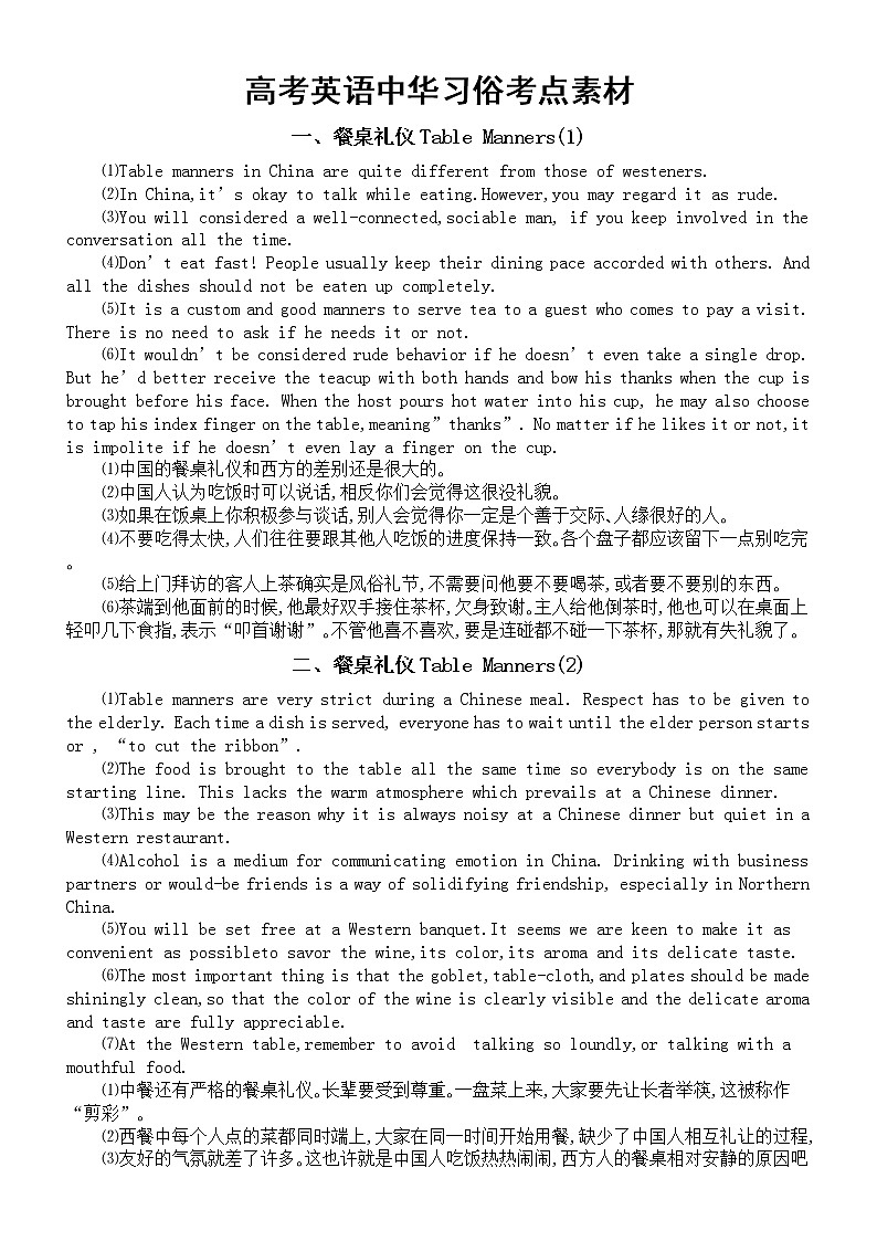 高中英语高考复习传统文化考点素材（中华习俗）01