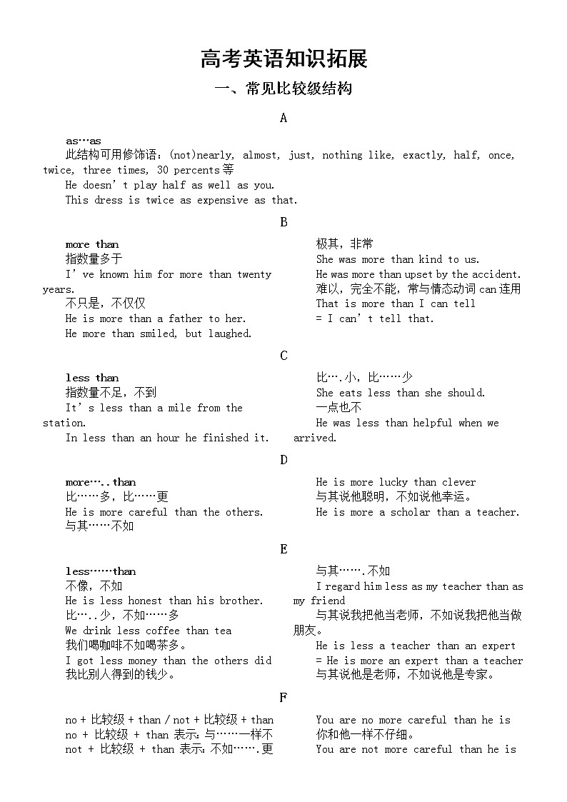 高中英语高考复习知识拓展（常见比较级结构+介词+副词）第1页