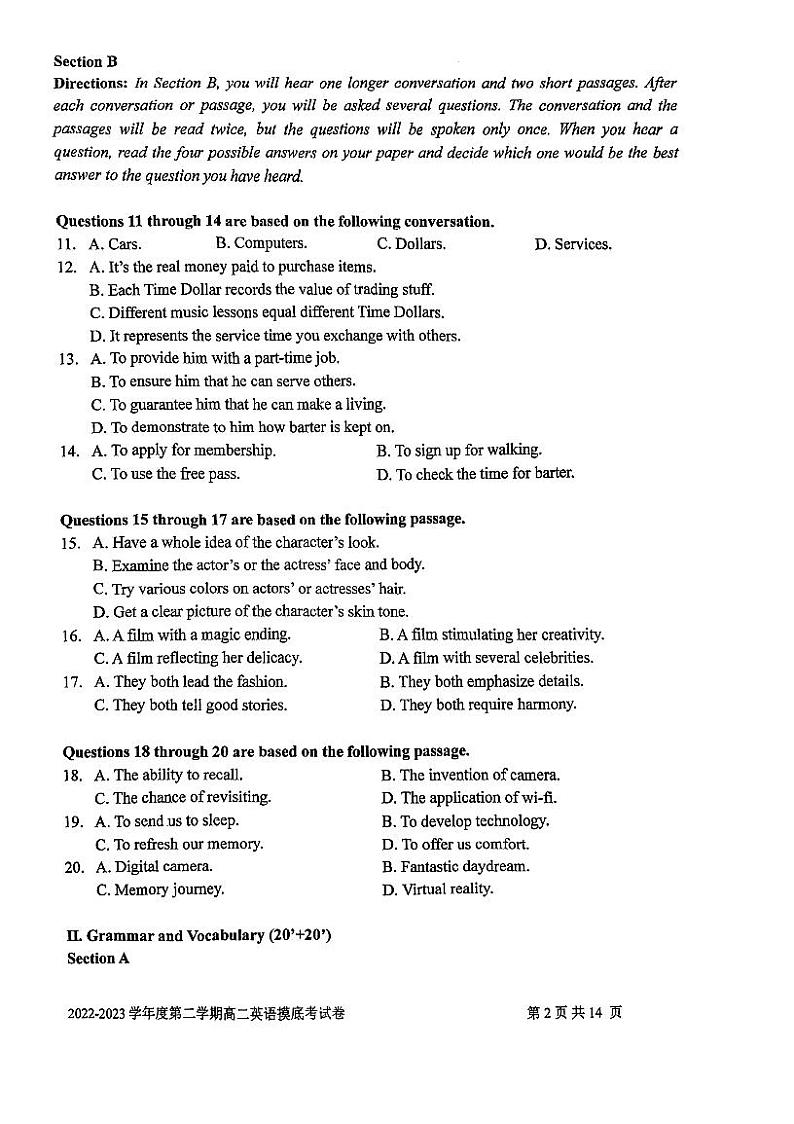 上海交通大学附属中学2022-2023学年高二下学期开学摸底考英语试题第2页