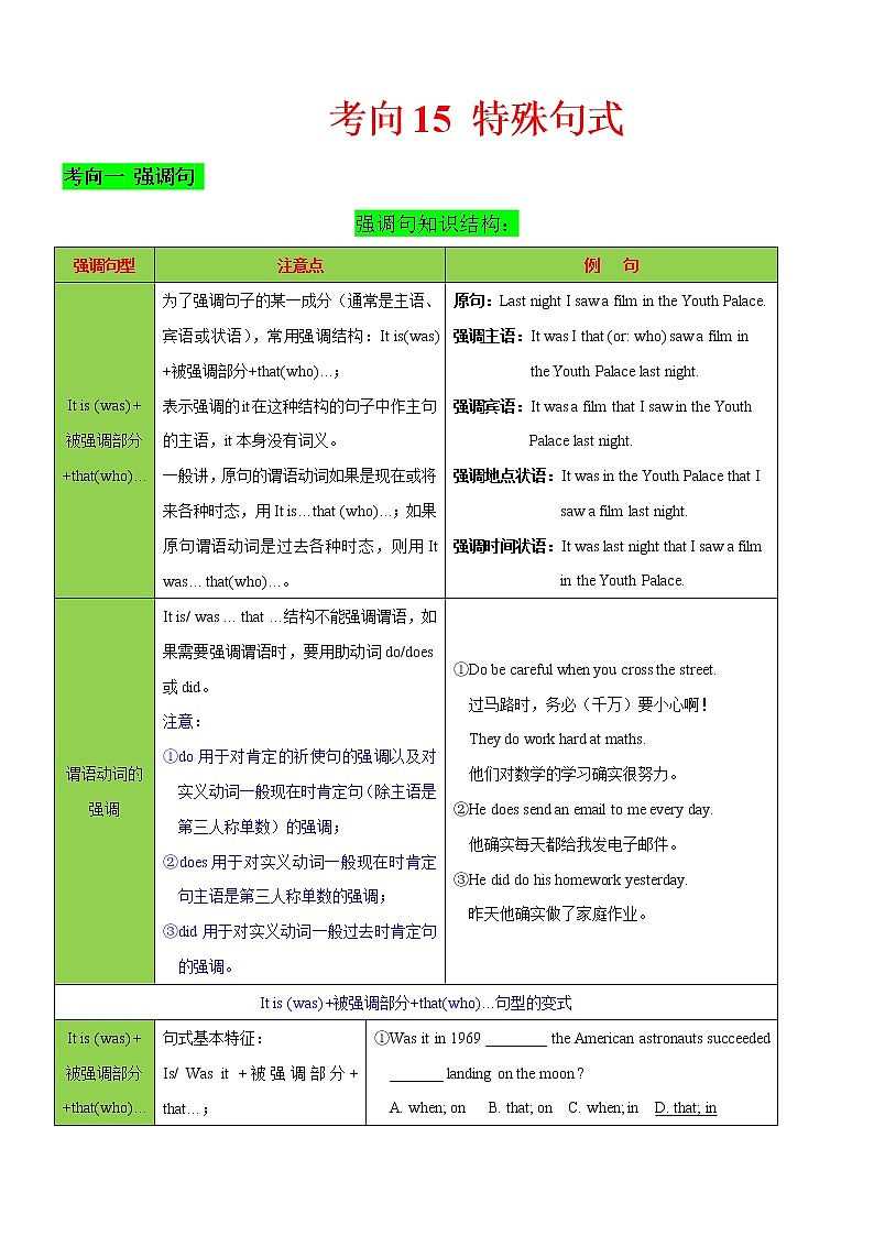 高中英语高考考向15 特殊句式(原卷版)-备战2022年高考英语一轮复习考点微专题第1页