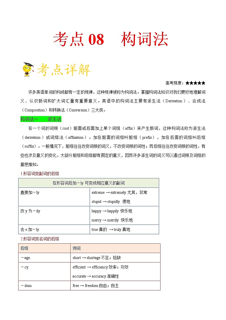 高中英语高考考点08 构词法-备战2021年高考英语考点一遍过第1页