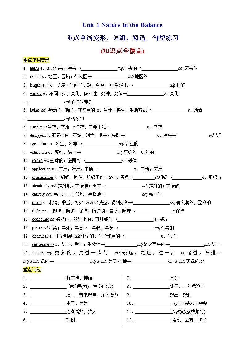 Unit 1 Nature in the Balance重点单词变形，词组，短语，句型练习-高一英语必修第三册单元重难点易错题精练（译林）01