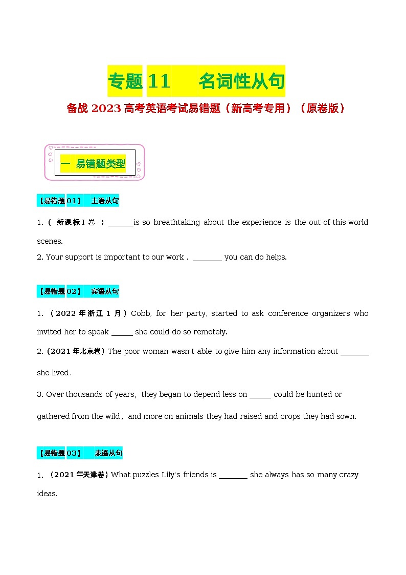 11 名词性从句 - ——【冲刺2023】高考英语考试易错题（新高考专用）（原卷版+解析版）01