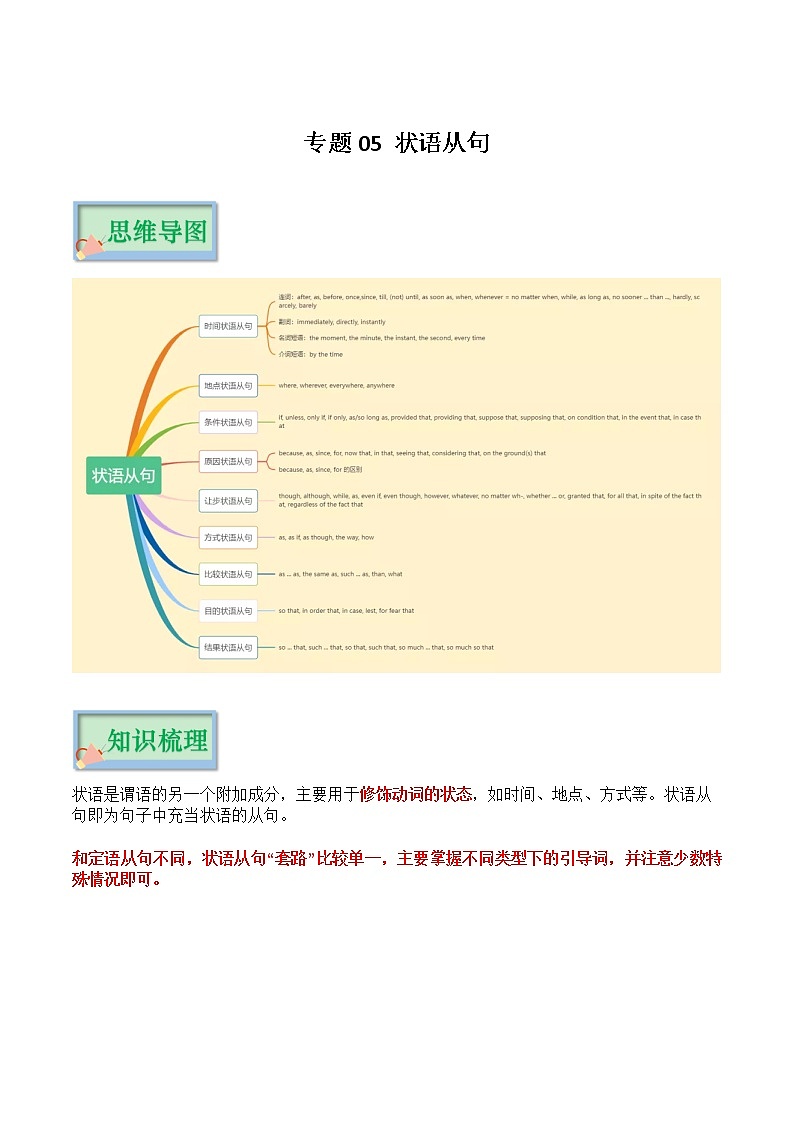 专题05 状语从句（原卷版）——【备考2023】高考英语必背知识点梳理+思维导图（全国通用版）第1页