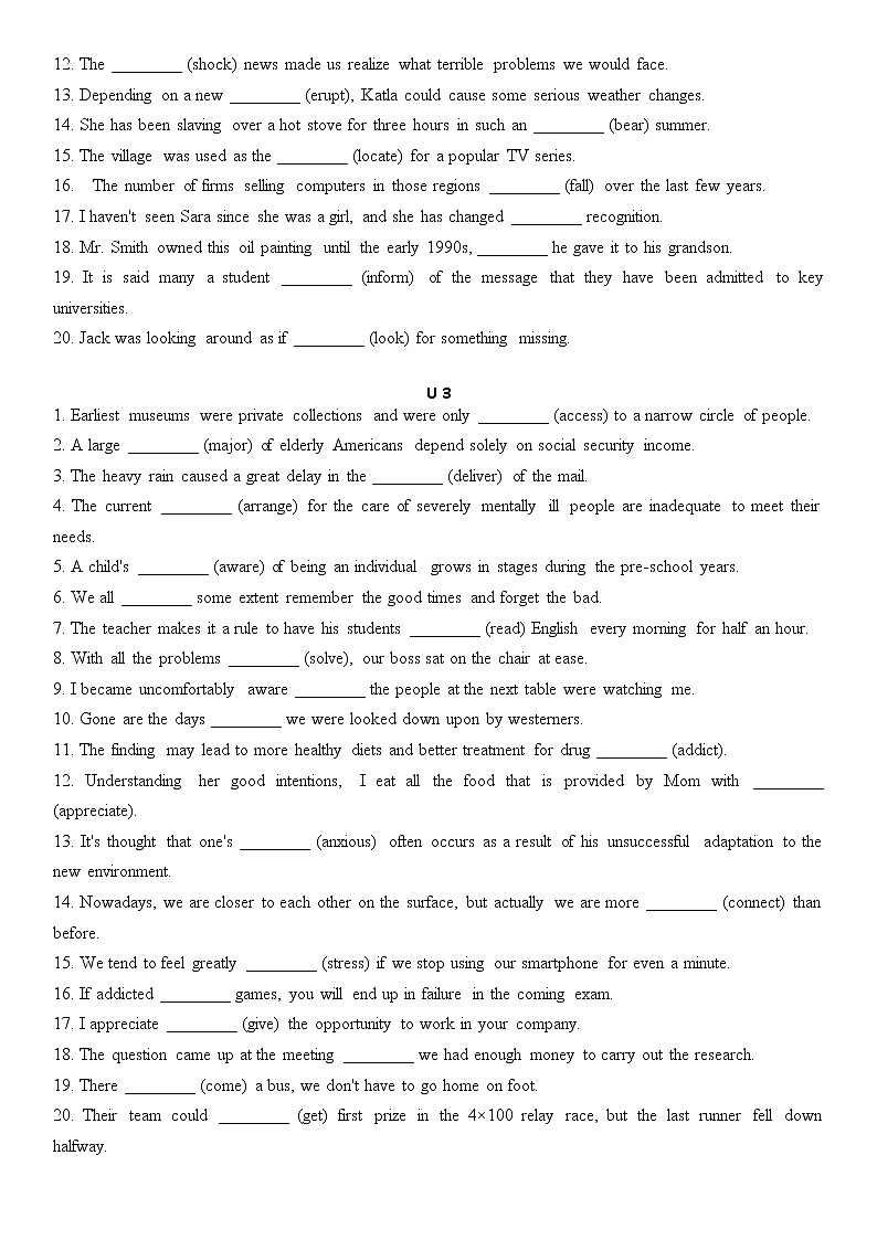 2022-2023学年译林牛津英语必修三单句句法填空专项训练（附答案）02