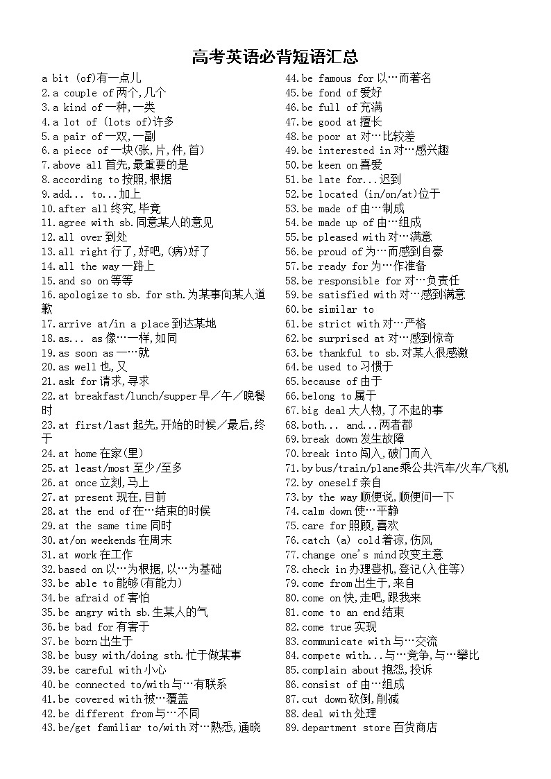 高中英语2023高考必背短语汇总（共336条）第1页