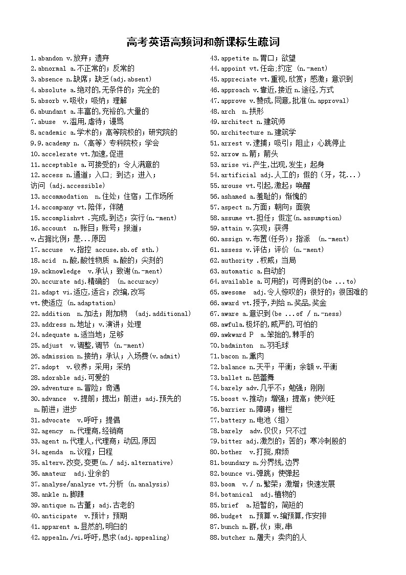 高中英语高考高频词和新课标生疏词汇总（共580个）第1页