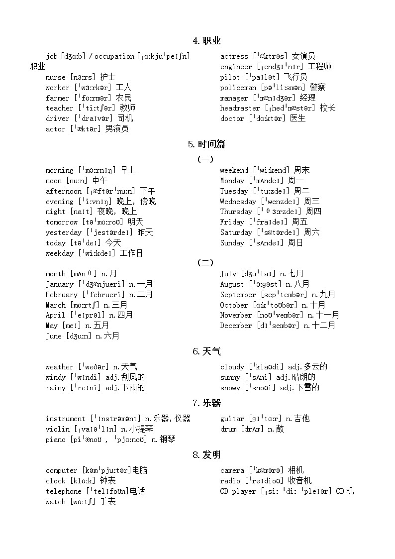 初中英语中考听力常考高频词汇汇总（共十八类）第2页