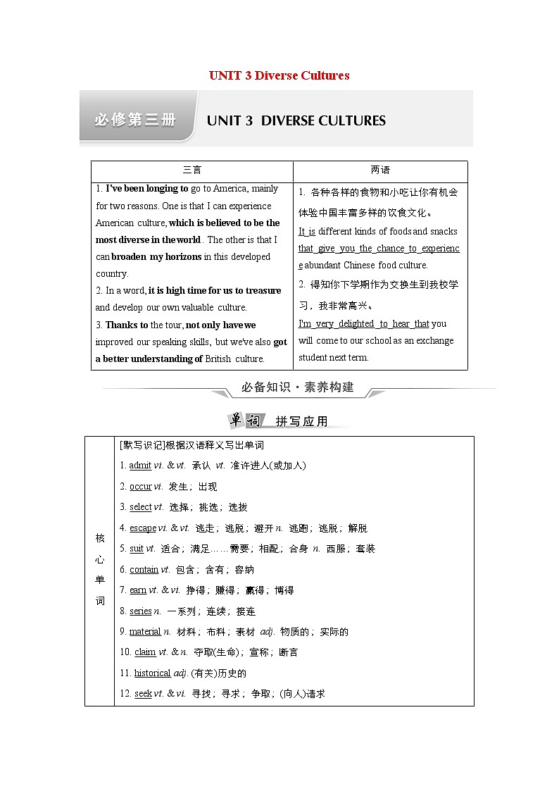 高中英语高考必修三 Unit 3 Diverse Cultures 教案01
