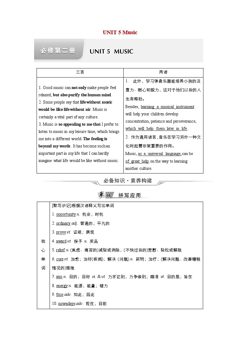 高中英语高考Unit 5 Music 教案第1页