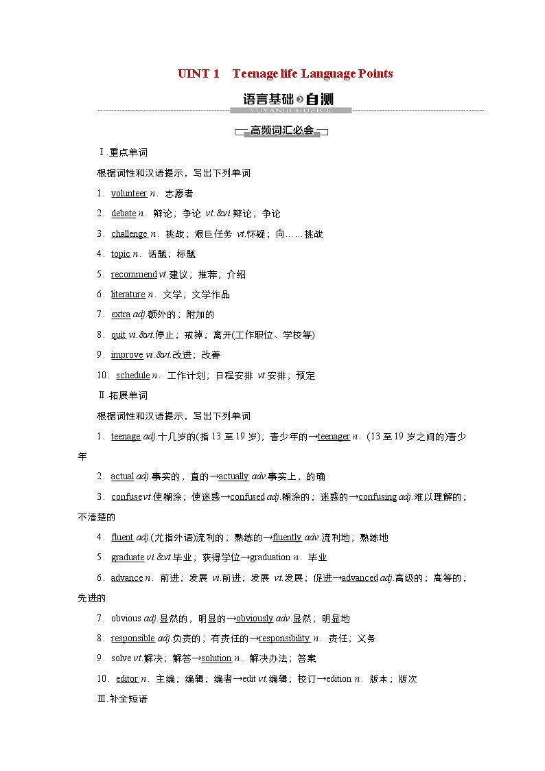 高中英语高考Unit 1 Teenage life Language Points 教案第1页