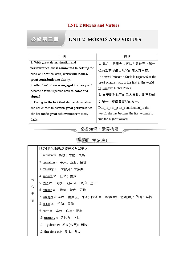 高中英语高考Unit 2 Morals and Virtues 教案第1页