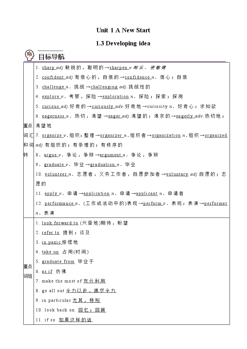 Unit 1 A New Start 第3课时 Developing idea-高一英语同步精品讲义（外研版必修第一册）01