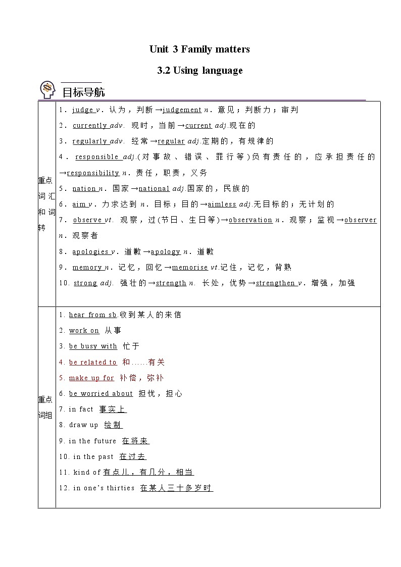 Unit 3 Family matters 第2课时 Using language -高一同步备课系列（外研版必修第一册） 试卷01