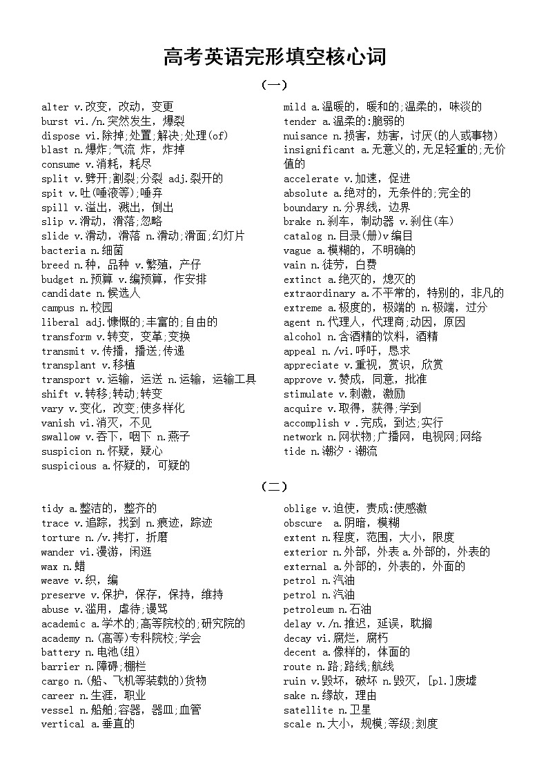 高中英语高考完形填空核心词和重点词组整理汇总（近三年高考）第1页