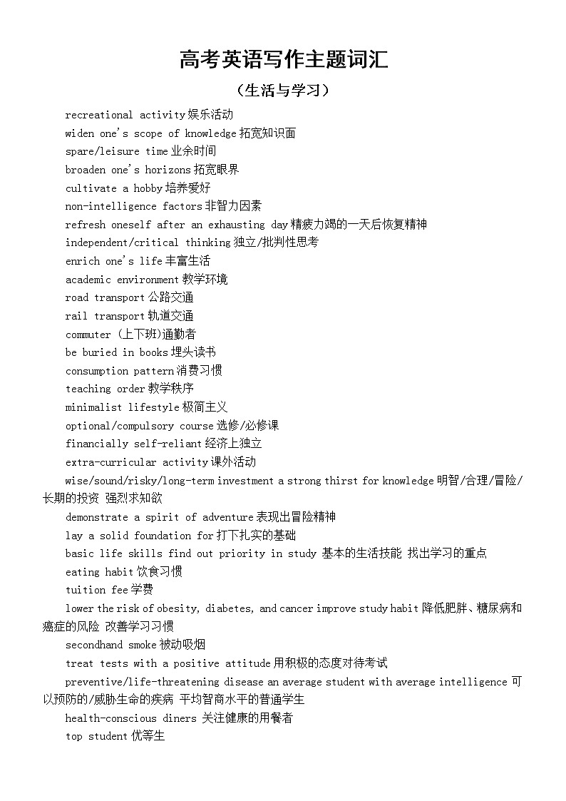 高中英语高考生活与学习写作主题词汇整理汇总01