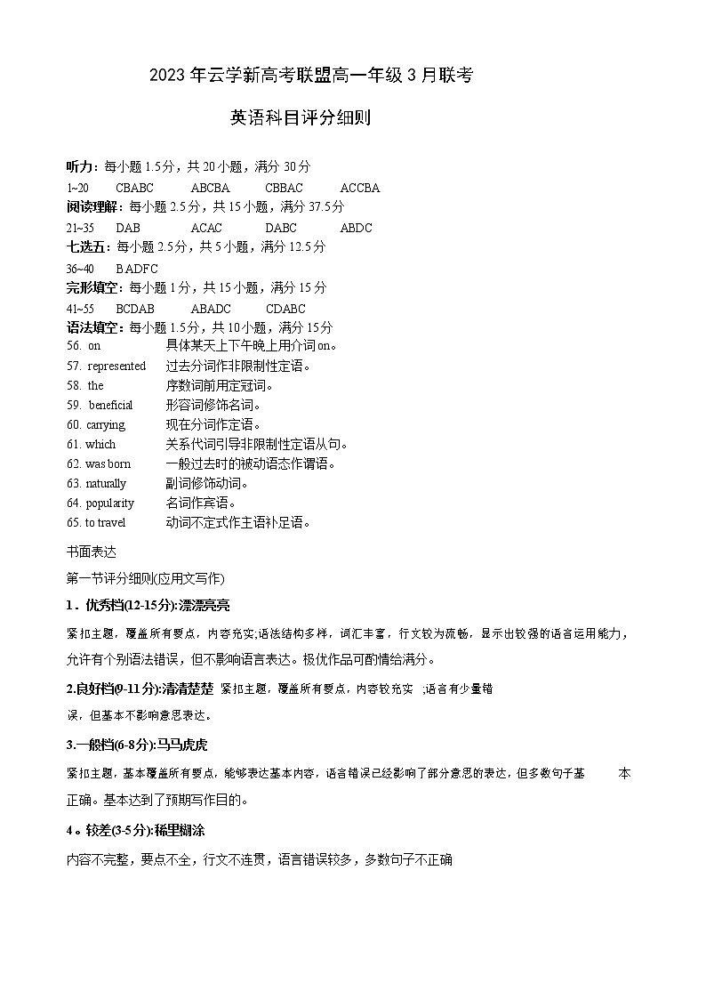 湖北省云学新高考联盟学校2022-2023学年高一3月联考英语试题答案第1页