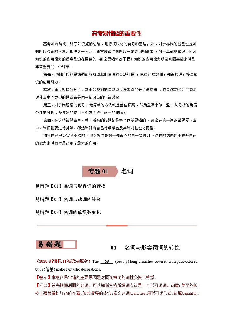 高考英语易错题精编  易错点01 名词  （解析版）01
