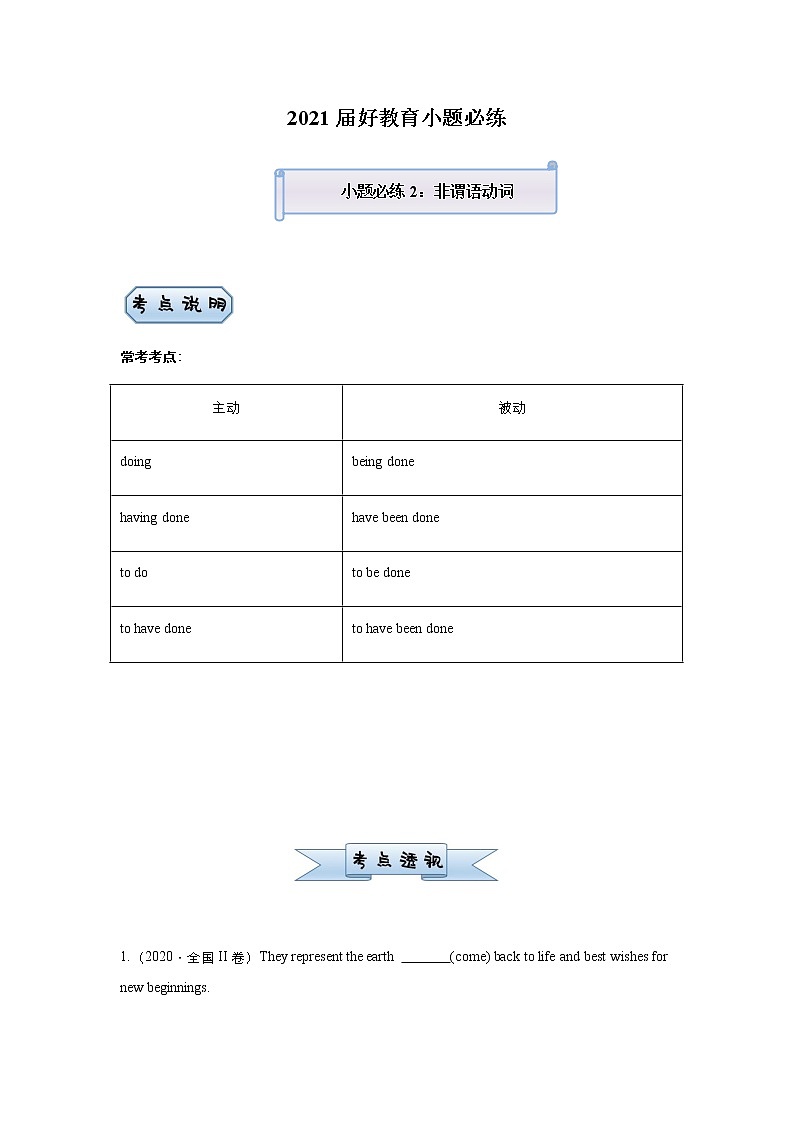 高中英语高考 2021届小题必练2 非谓语动词（教师版） docx第1页
