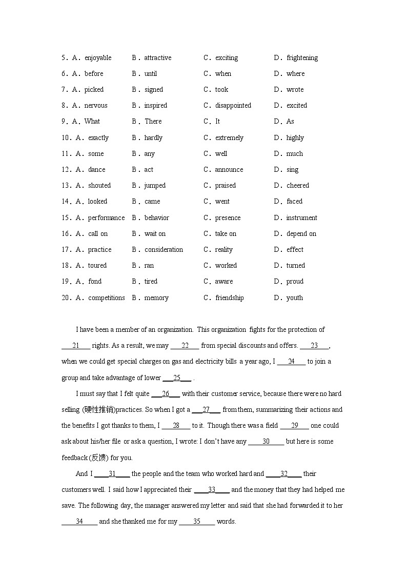 天津高考英语完形填空专项训练02