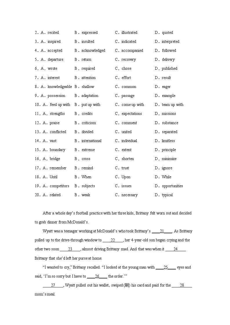 高考英语完形填空专项训练02