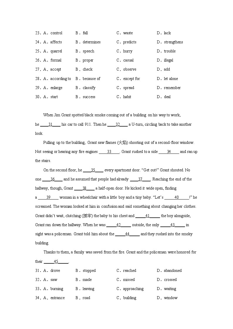 湖北高考英语完形填空训练题03