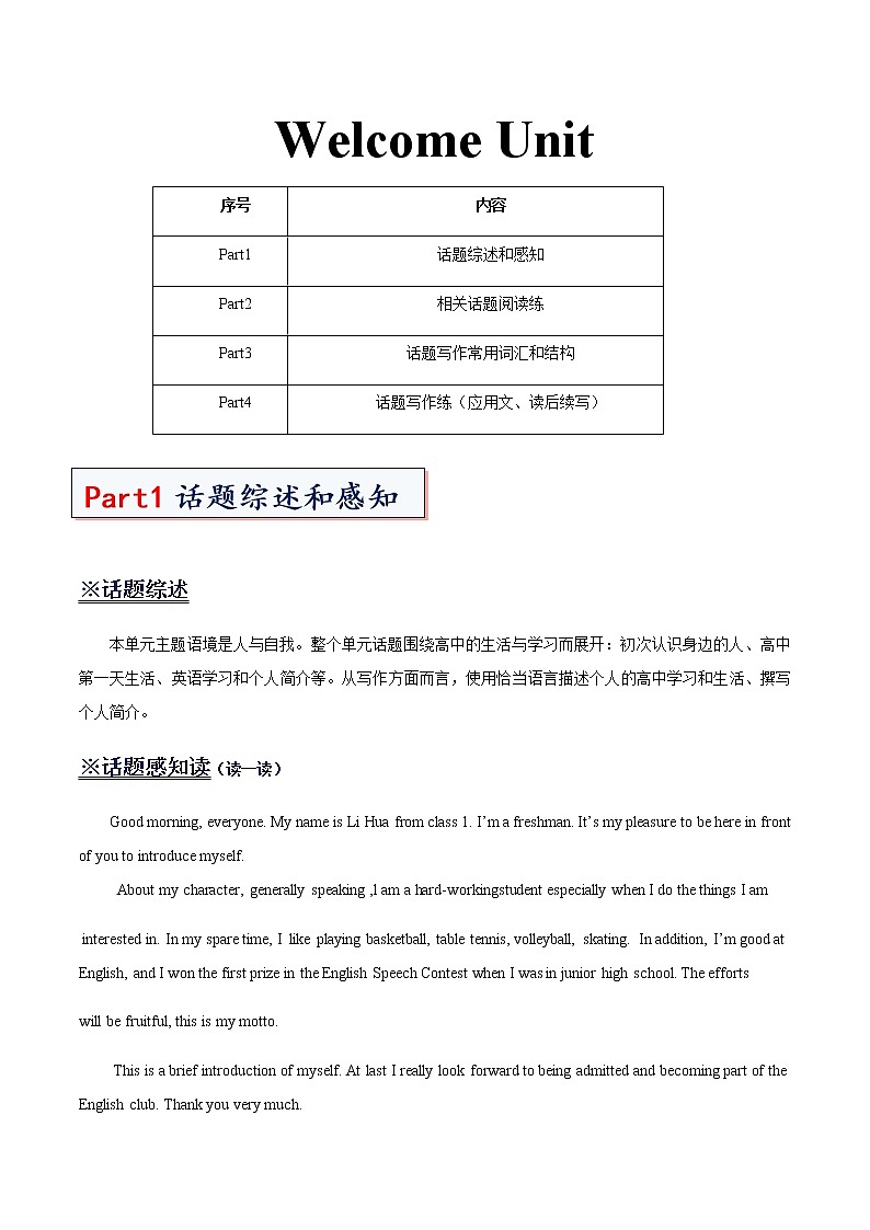 专题01 Welcome Unit必修第一册-高一英语单元话题写作整理与新高考之衔接（人教版2019）01