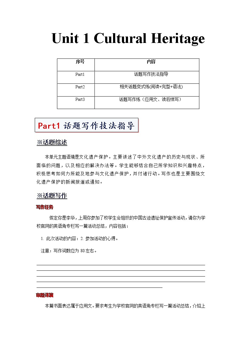 专题07 Unit 1 Cultural Heritage 必修第二册 - 高一英语新高考写作专项训练（人教版2019）01