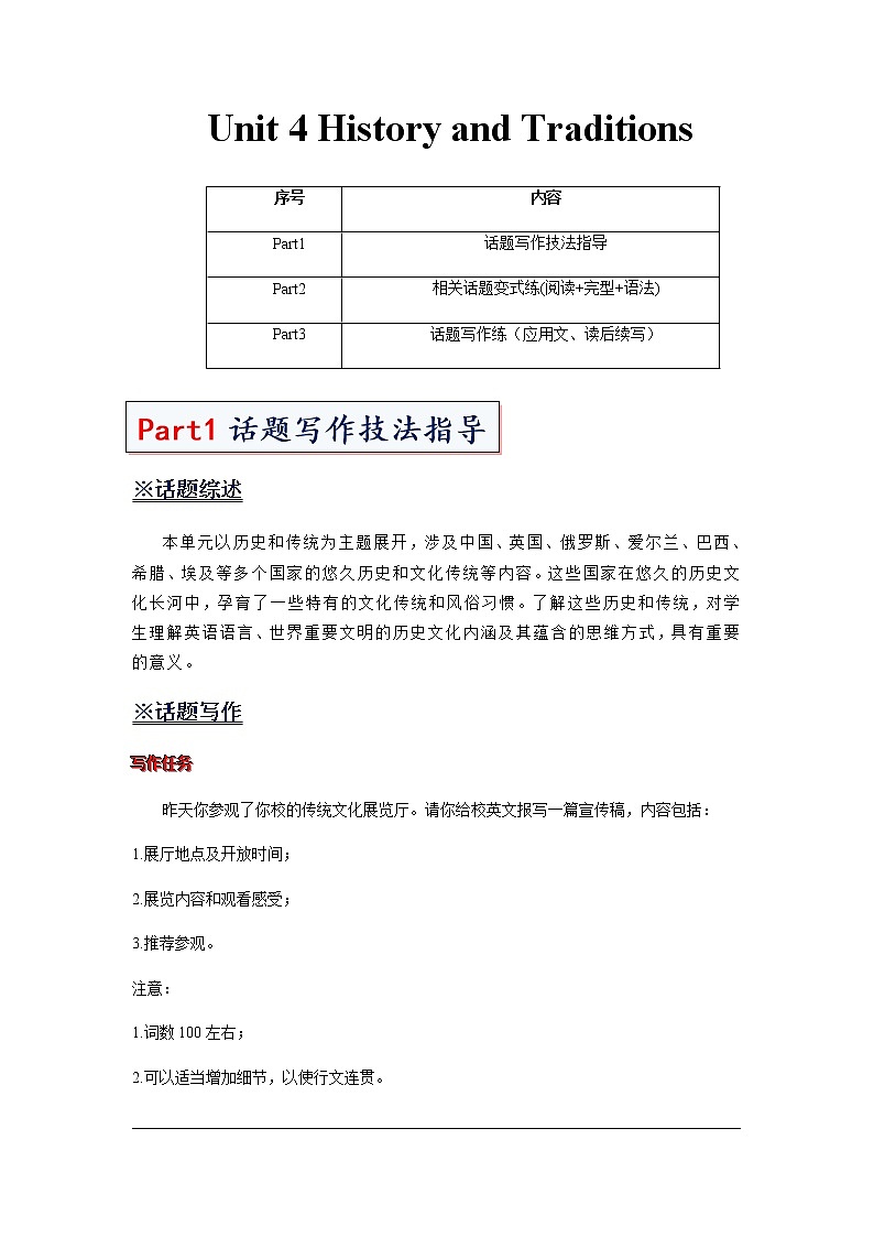专题10 Unit 4 History and Traditions 必修第二册 - 高一英语新高考写作专项训练（人教版2019）01