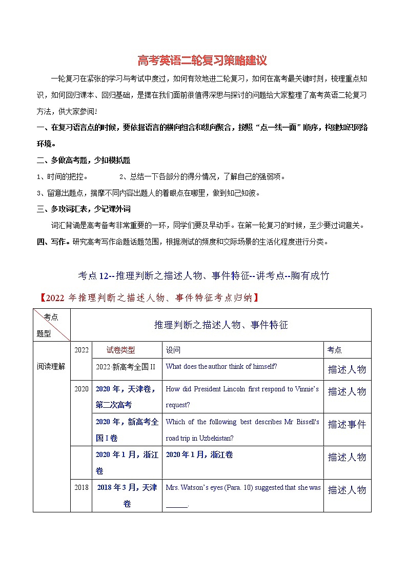 高考英语阅读精品套装（一讲双练） 考点12--推理判断之描述人物、事件特征（技巧梳理）01
