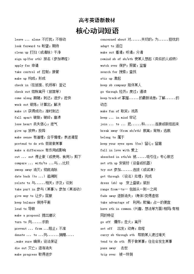 高中英语高考复习新教材核心动词短语汇总第1页