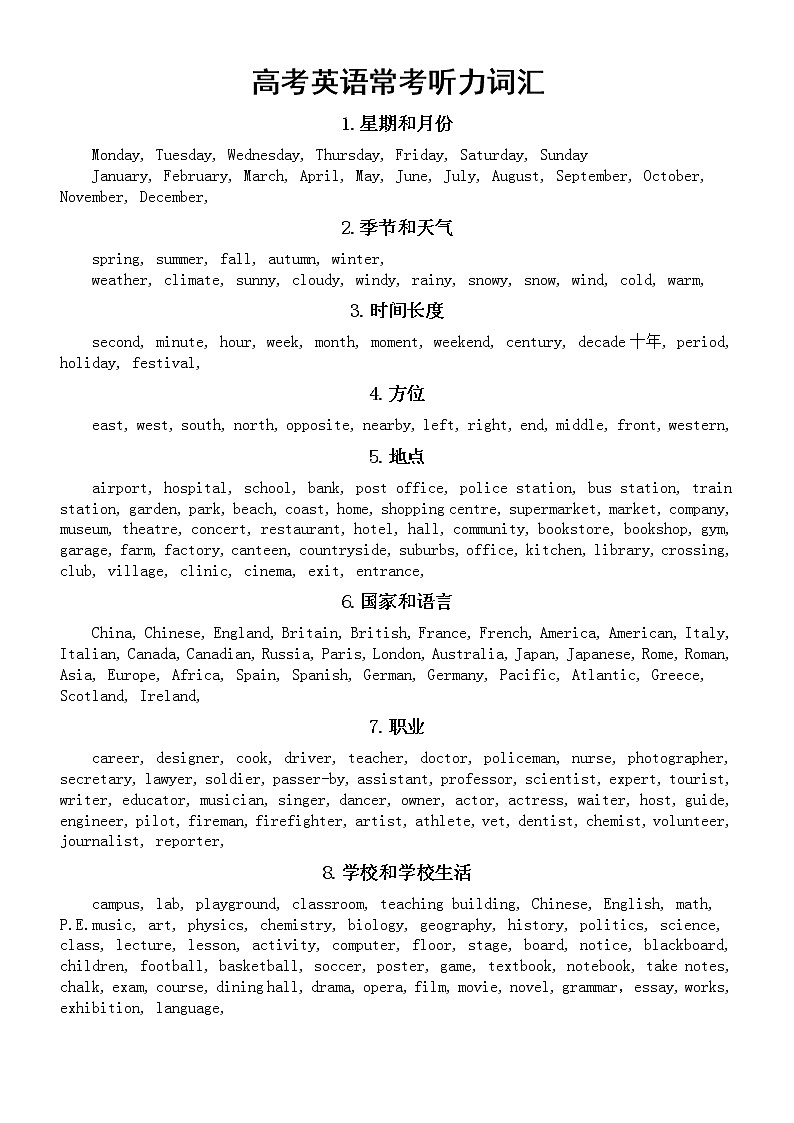 高中英语2023高考常考听力词汇汇总（共20类）第1页