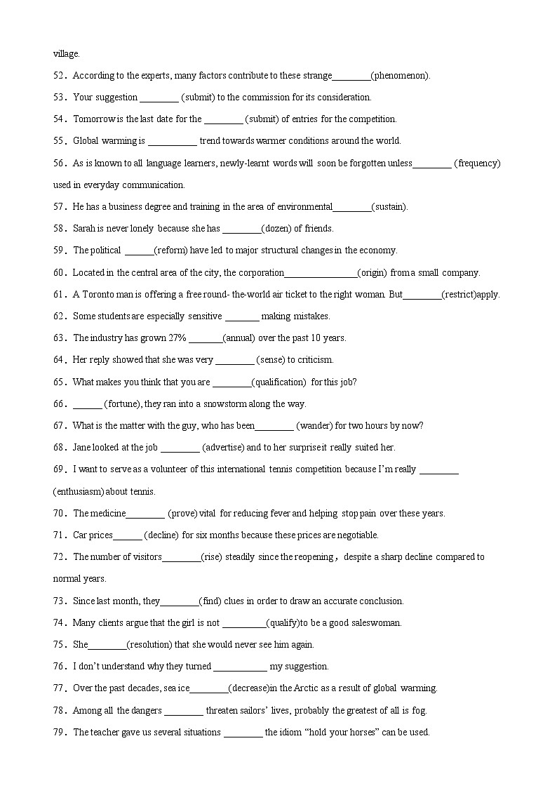 专题01+单句语法填空100题（期中重点知识）-2022-2023学年高二英语下学期期中复习查缺补漏冲刺满分（人教版2019）03