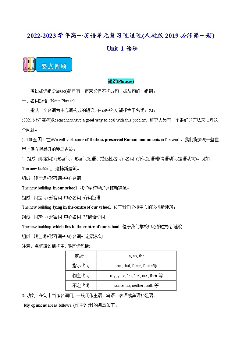01 Welcome Unit词汇篇-2022-2023学年高一英语单元复习(人教版2019必修第一册)第1页