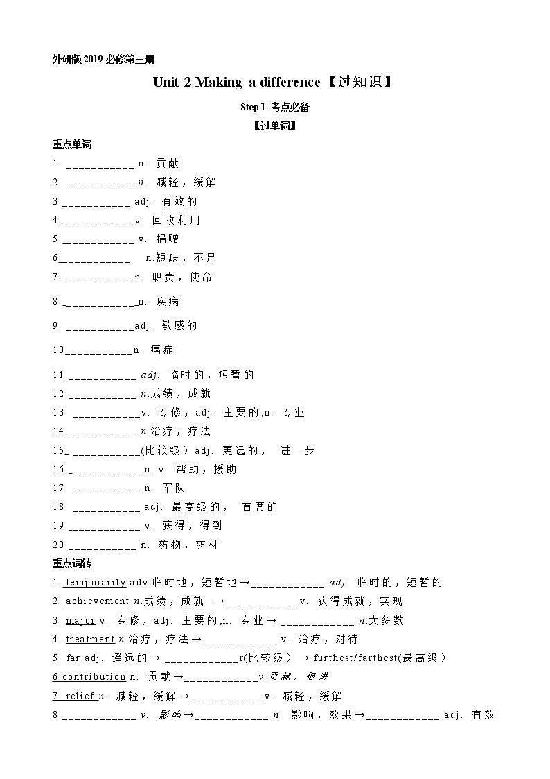 Unit 2 Making a difference【过知识】（学生版）-2022-2023学年高一英语单元复习过过过（外研版2019必修第三册)第1页