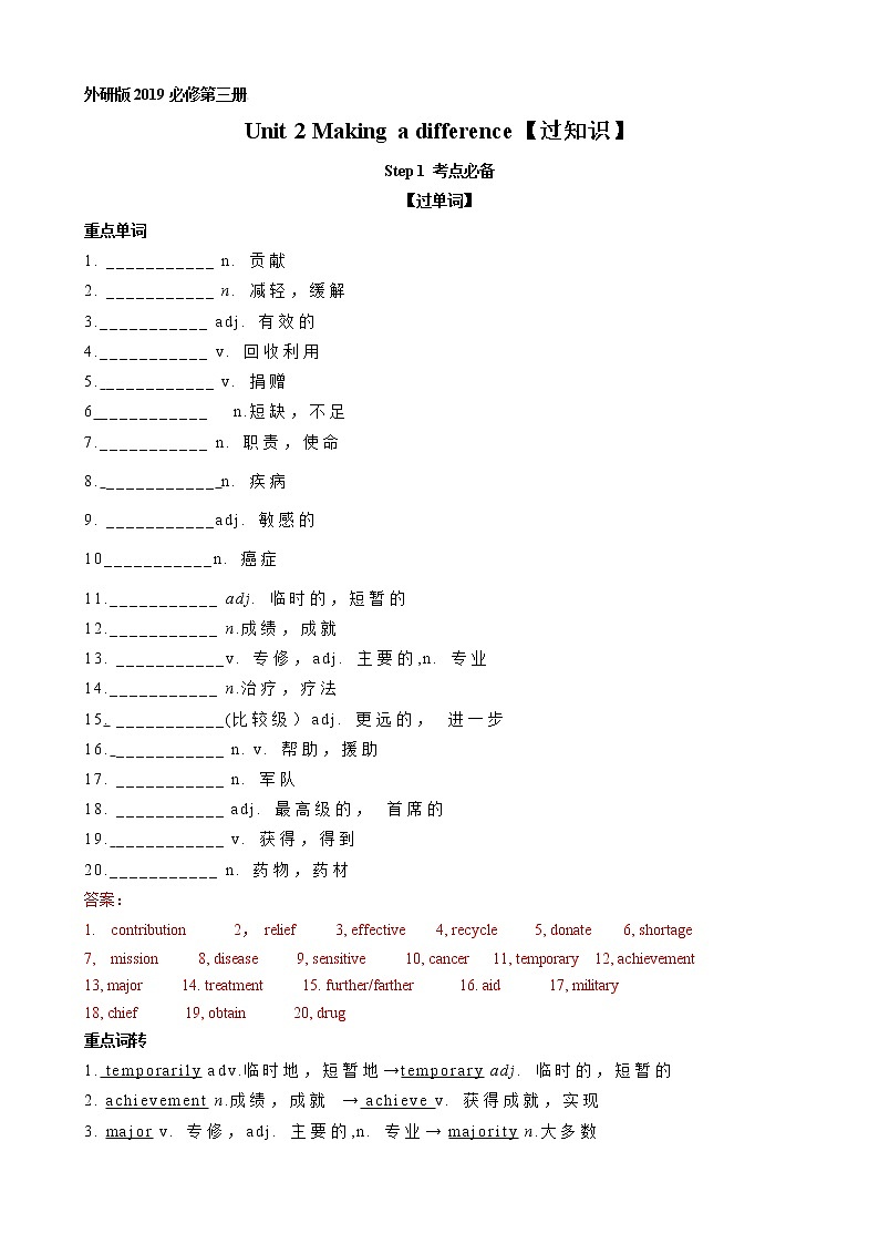 Unit 2 Making a difference【过知识】（教师版）-2022-2023学年高一英语单元复习过过过（外研版2019必修第三册)第1页
