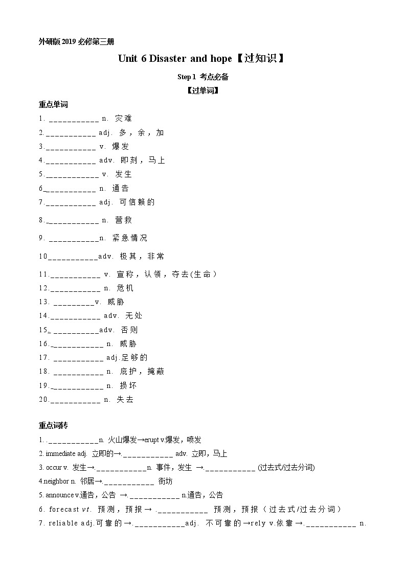 Unit 6 Disaster and hope【过知识】（学生版）-2022-2023学年高一英语单元复习过过过（外研版2019必修第三册)第1页